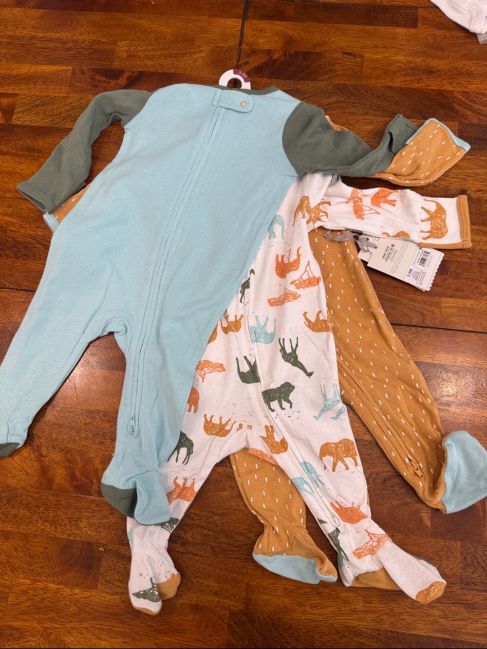 3-Pack Baby One-Piece Footed Sleepers - Blue, White Animal Print, Mustard